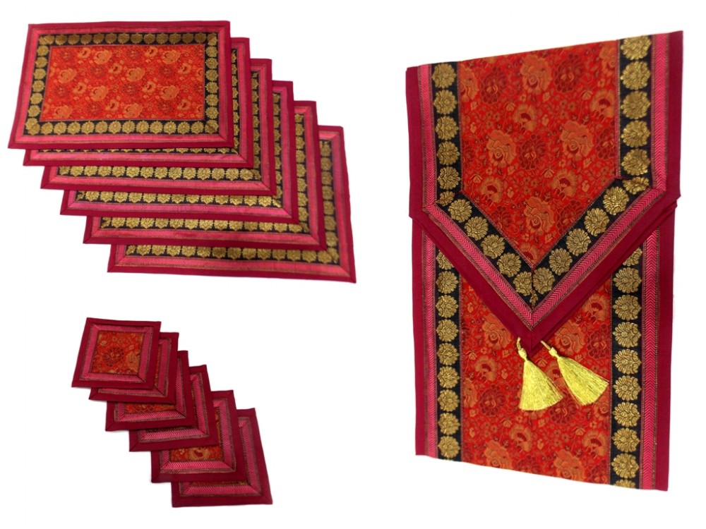 Indian Silk Table Runner with 6 Placemats & 6 Coaster in Maroon Color Size 16x62